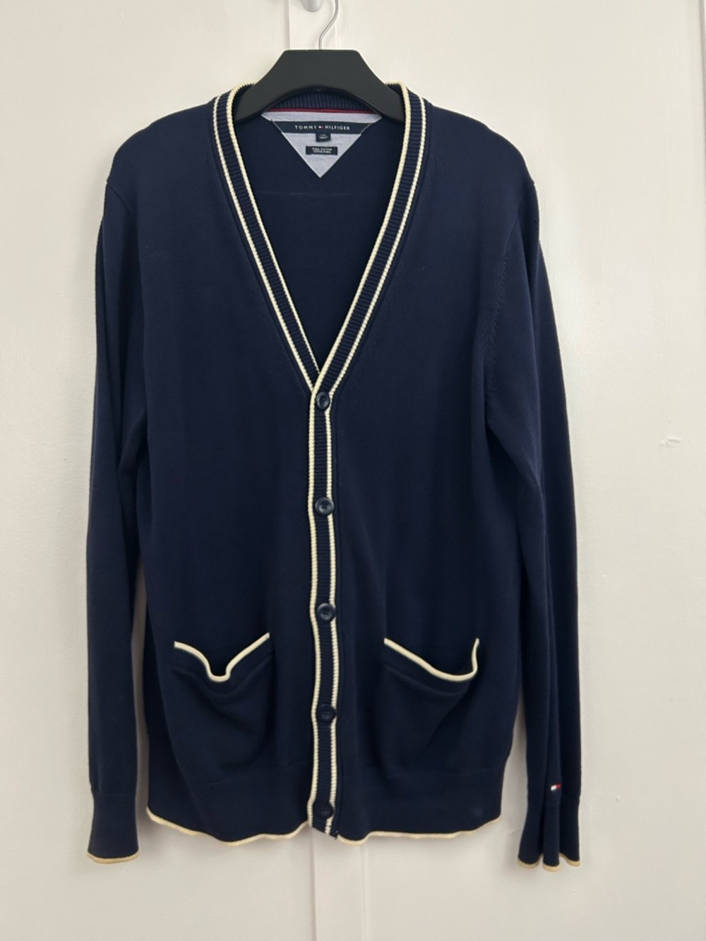 Tommy Hilfiger mens sweater cardigan blue cream buttons size L